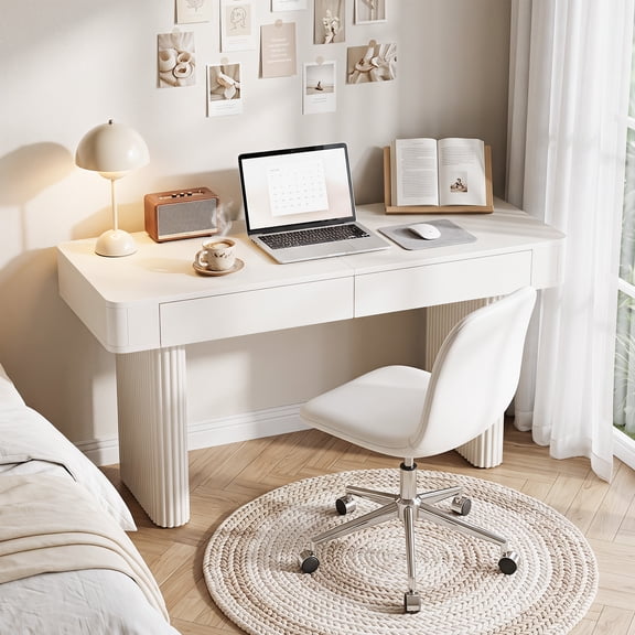 Finmind Rectangle Wooden Computer Desk with 2 Drawers, 62.99-inch Modern Writing Desk with Storage Drawers for Home Office, White