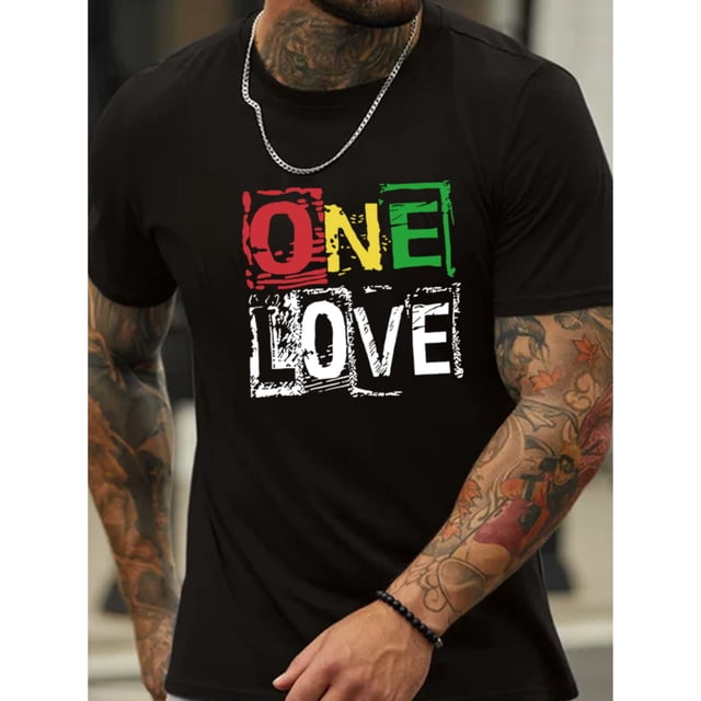 One Love Graphic Print T-Shirt for Men - Crew Neck Short Sleeve Polyester Summer Tee with Geometric Pattern and Casual Style - Slight Stretch, Knit Regular Fit, Machine Washable