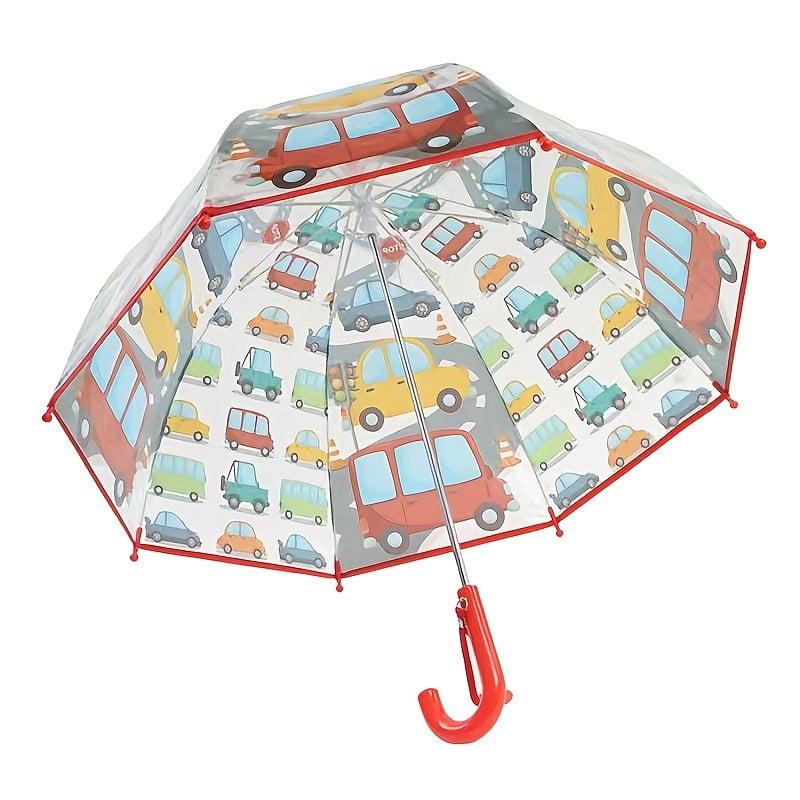 Kid's Clear Transparent Umbrella with Cartoon Cars Pattern, Red Trim, Durable Windproof Children's Rain Umbrella for Boys, Toddler Outdoor Rain Gear