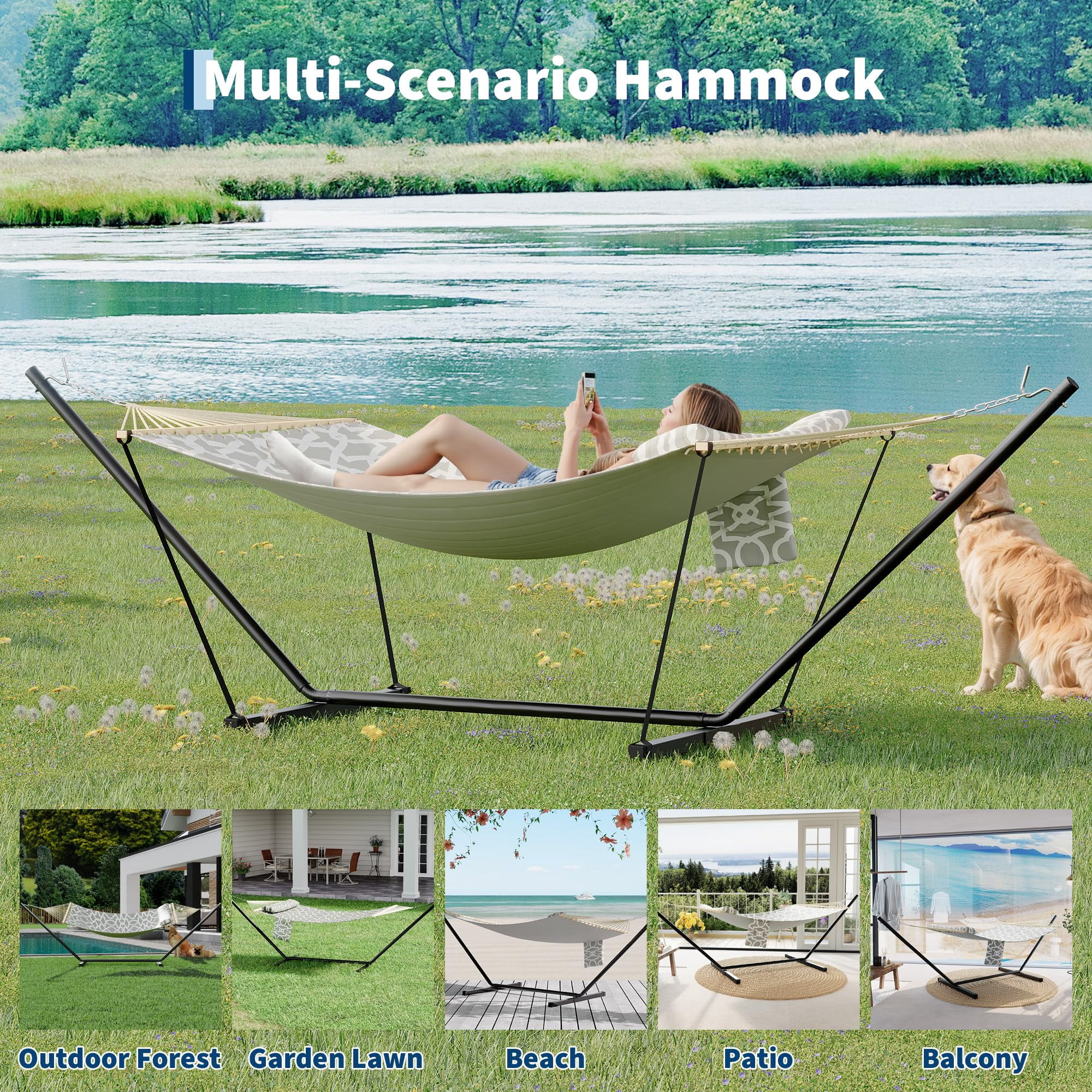 Double Hammock with Stand – Heavy Duty Portable 2-Person Hammock, Adjustable Steel Stand – for Outdoor, Patio, Garden, Beach, Backyard