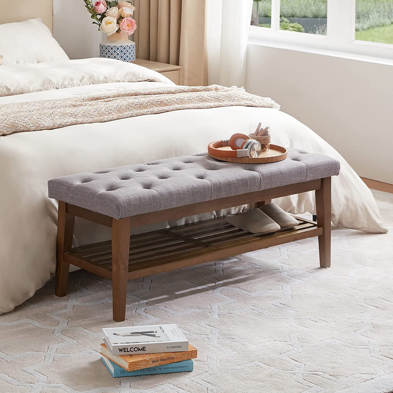 29 Square Tufted Button Storage Ottoman Table Bench with Rolling Whee –  Homhum