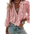 thumbnail image 1 of ZAXARRA Women Long Sleeve V Neck Button-down Chiffon Shirts Letter Butterfly Print Ruffle Tops Blouse Shirt, 1 of 5
