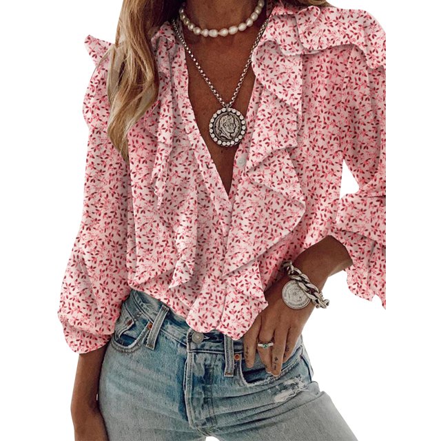 ZAXARRA Women Long Sleeve V Neck Button-down Chiffon Shirts Letter Butterfly Print Ruffle Tops Blouse Shirt