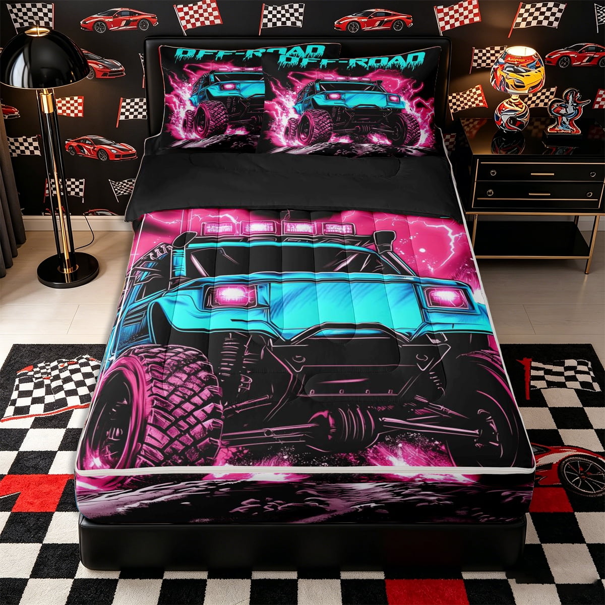 Castle Fairy Neon Off-Road Truck Zipper Full Size Comforter Sets with Fitted Sheet and 2 Pillowcases for Boys Lightning Splash Art Zipper Bedding Set for Bedroom Blue Pink 4pcs Black Reversible