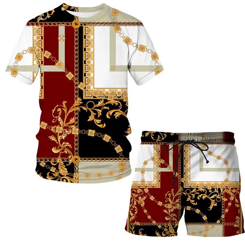 Outfits for Men 2 Piece Sets,Fashion Summer Gold Chain 3D Digital
