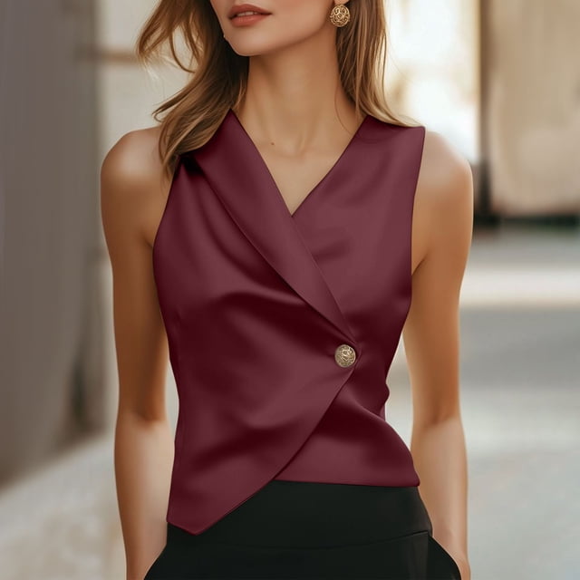 TaTaai 2026 Spring Women’s Satin Lapel Tee Sleeveless Loose Blazer Casual Solid Color Fashion Button Vest Elegant Polyester Daily Office Shirt Gift