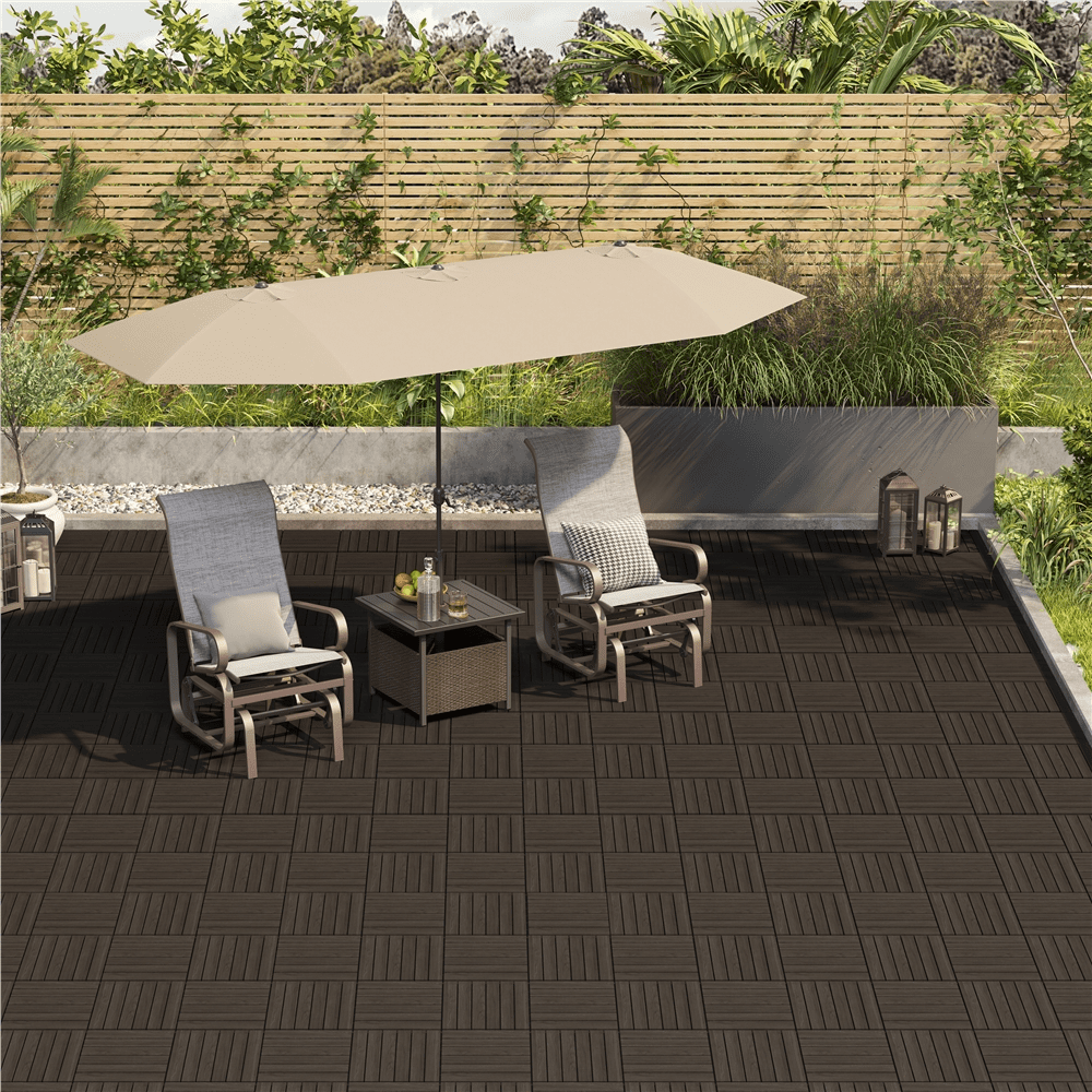 Renwick 12 × 12 in Pack of 27 Acacia Wood Interlocking Flooring Tiles for Outdoor & Indoor, Black
