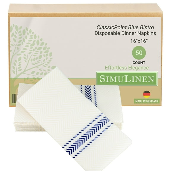SimuLinen Classicpoint Disposable Dinner Napkins - Blue Bistro Stripe - 15.5"x15.5" - Pack of 50