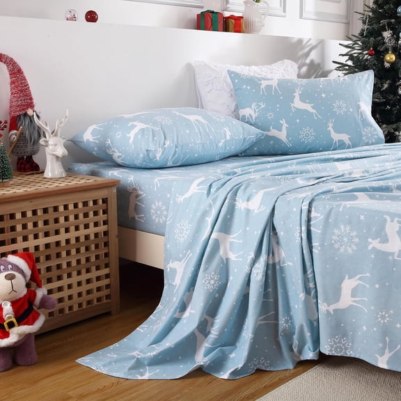 Christmas Sheets Queen Size, Soft Brushed Microfiber Bed Sheet Set, 16" Deep Pocket Fitted Sheet Winter Holiday Sheets Set, Xmas Deer Print, Blue