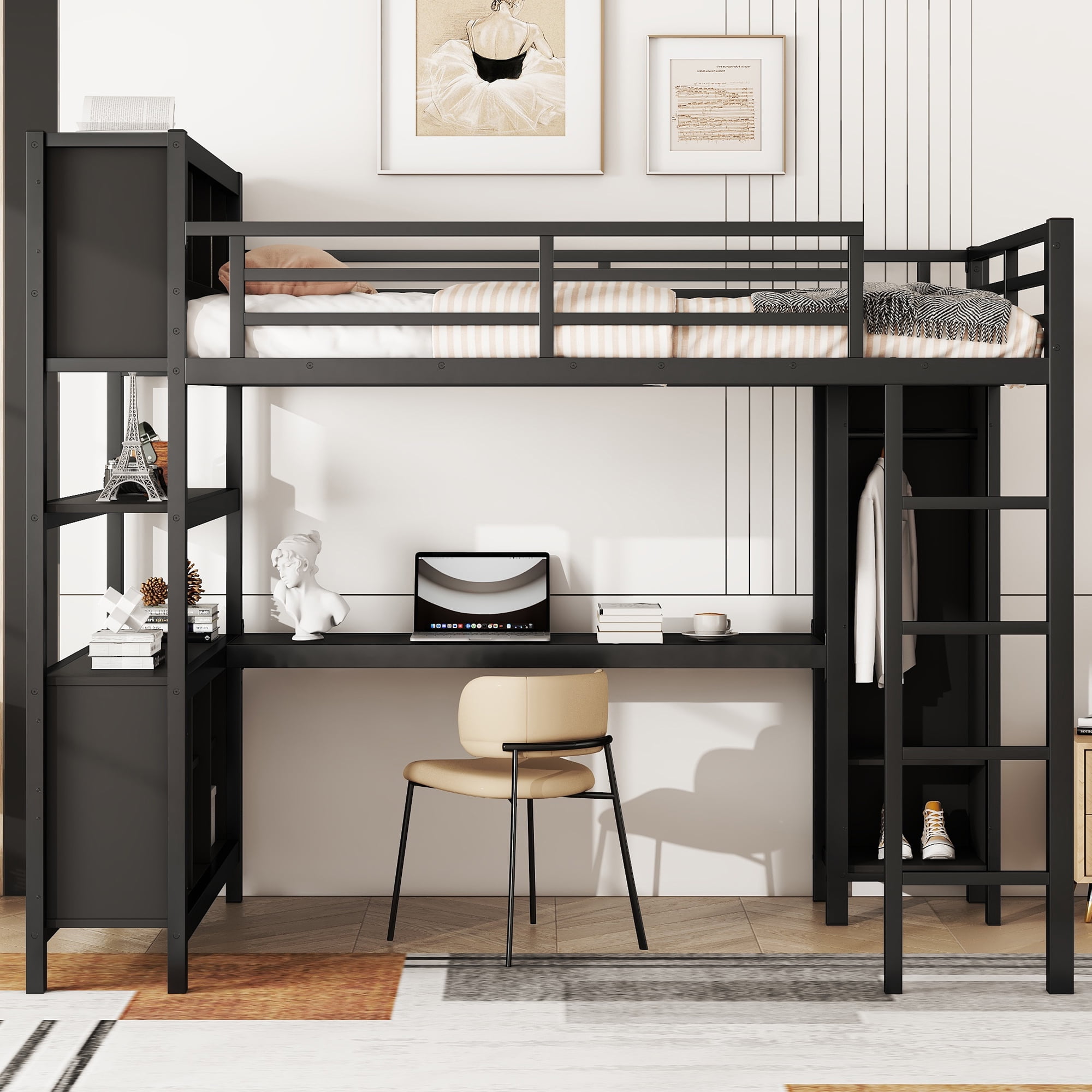 Full Size Loft Bed for Teens and Adults,Metal Loft Bed with Wardrobe And L-shaped Desk,Heavy Duty Loft Bed with Storage Cubes and Shelves for Kids Teens Adults,Black