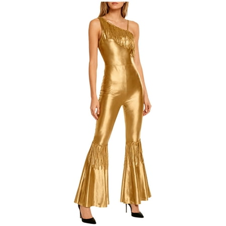 Choomomo Adult Womens Sequin Tassel Jumpsuit 70s 80s Disco Dance Leotard Rompers Rave Outflts Clubwear Light Gold S