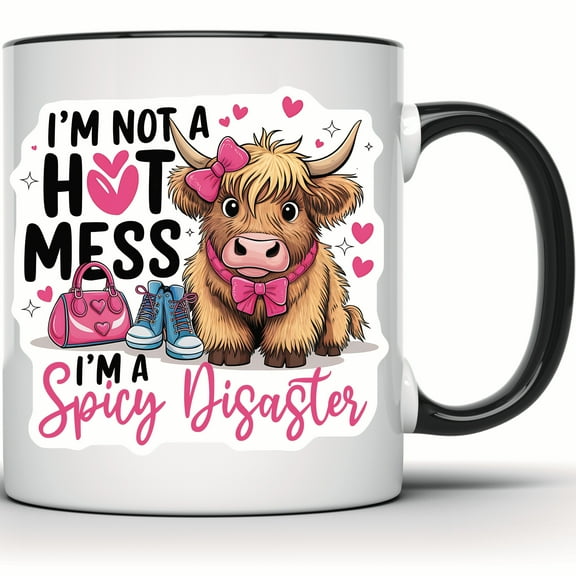 Highland Cow Mug - Funny Spicy Disaster Farm Animal Coffee Mug - Cute Scottish Cow Lover Gift - 11 Ounce Black Rim Handle Novelty Coffee Cup - WMUG0849-Black Rim