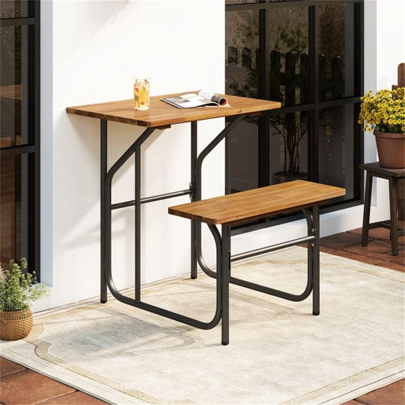 Unique One-Side Acacia Wood Patio Table and Bench Set, Combineable Outdoor Seating, 32" x 27.5" x 29.5", Black & Natural Wood Finish