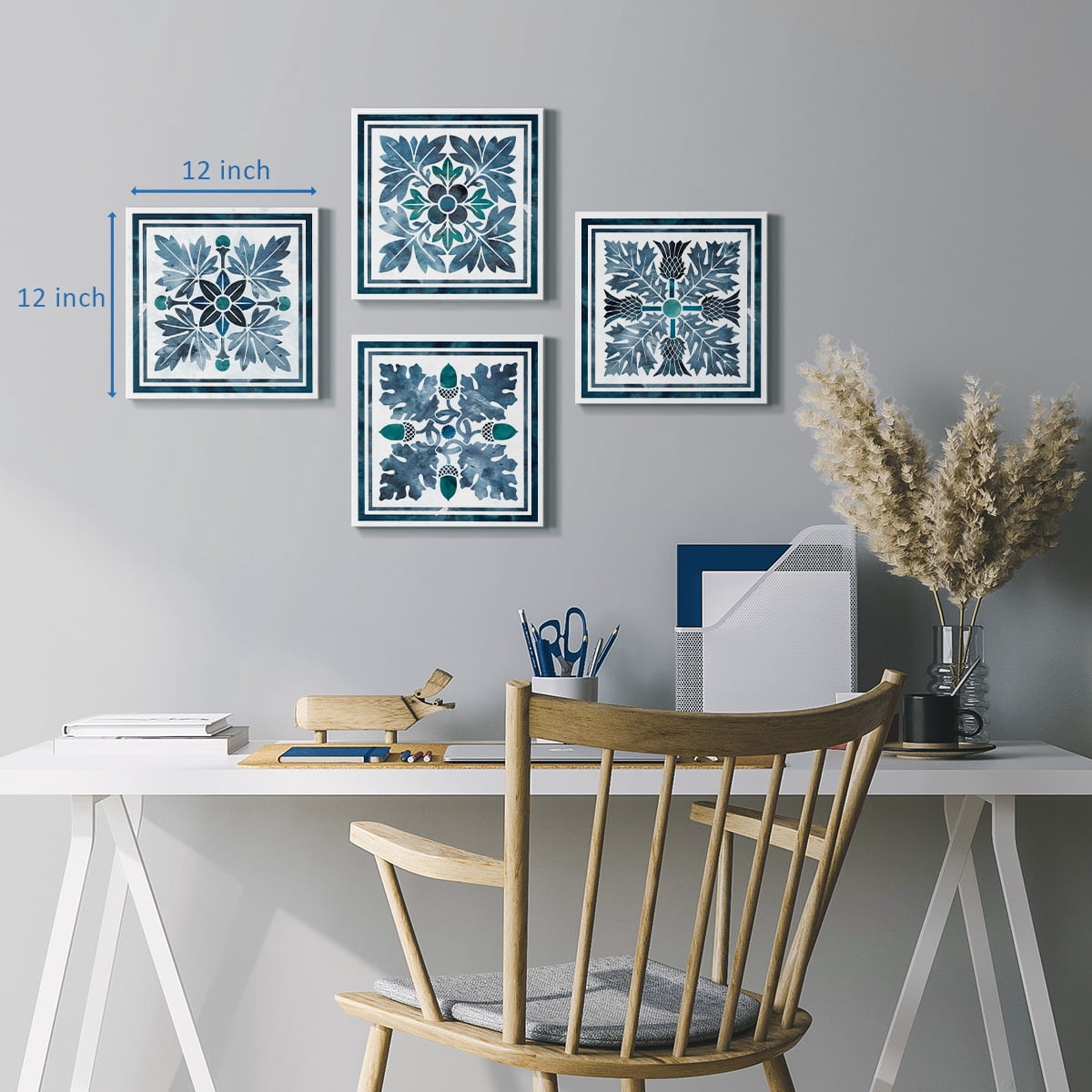 Wexford Home Abstract Wall Art Flower Bluie Pattern Prints 16 x 16 inch Each Panel, Set of 4 Wall Décor for Bedroom Bathroom Living Room