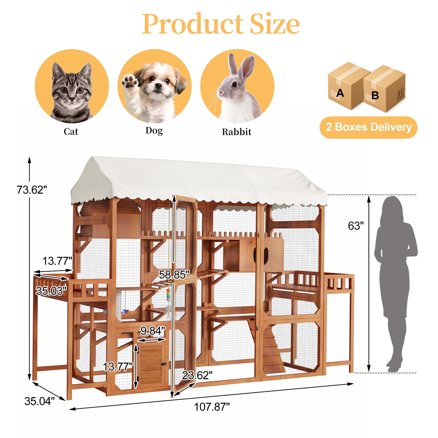 YIORTWO Outdoor Catio with Built-in Plant Stands, 4-Tier Wooden Cat Enclosure for 6 Cats, Weather-Resistant Large Cat House with Scratching Posts, Ramps & Resting Boxes, Brown