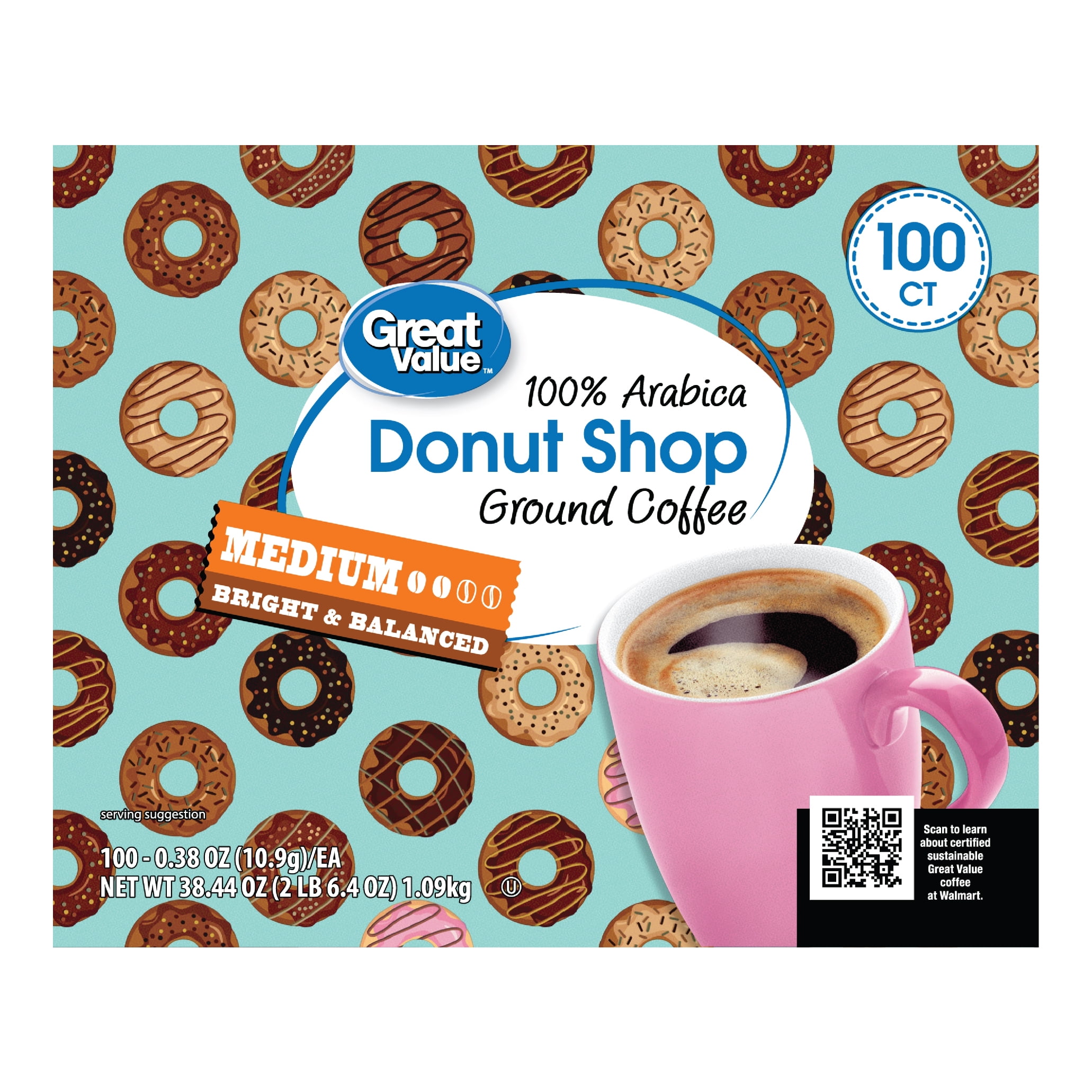 Great Value Donut Shop 100% Arabica Medium Roast Ground Coffee Pods, 38.4 oz, 100 Count