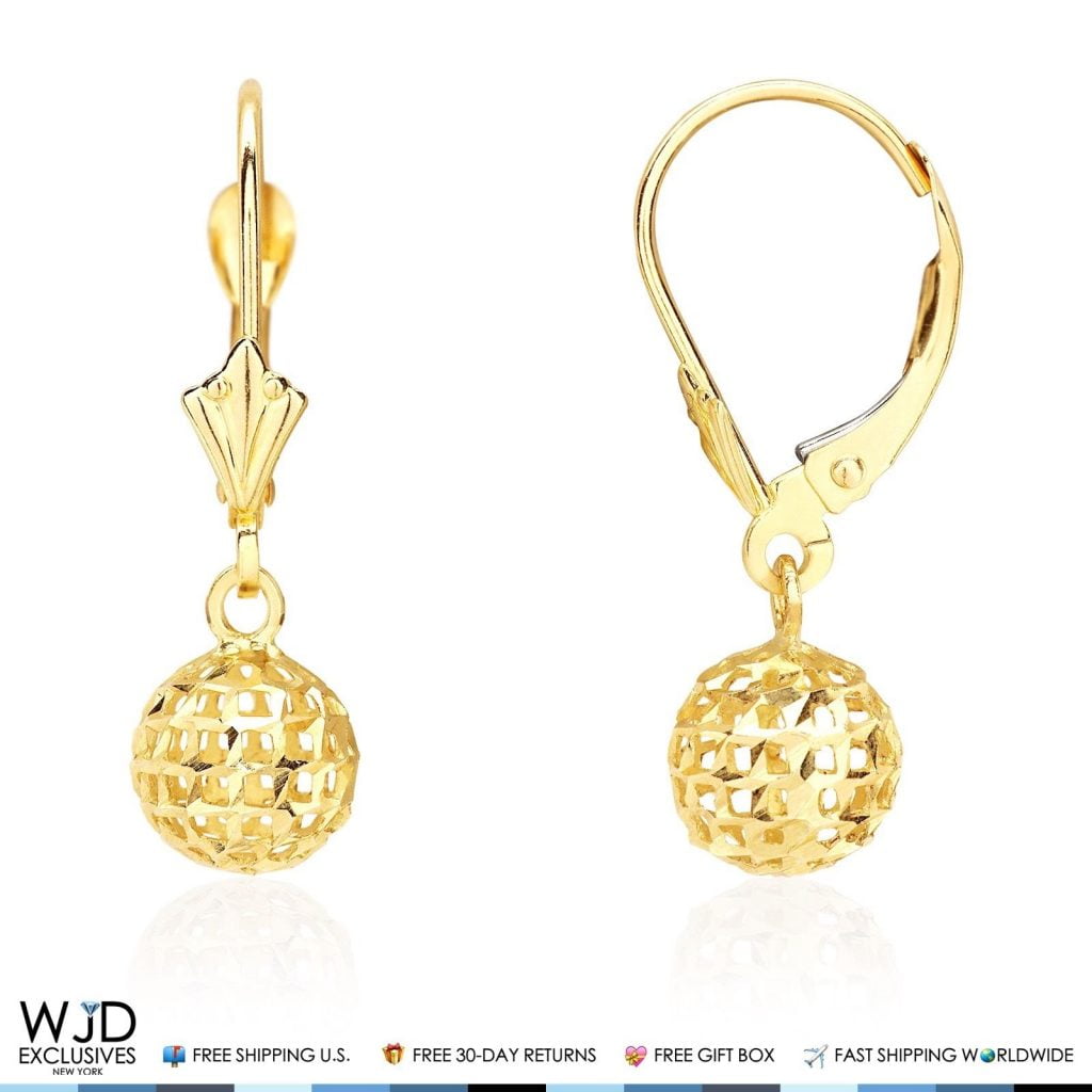 Carved Ball Diamond Cut Dangle Drop Lever Back Earrings 14K Solid Yellow Gold