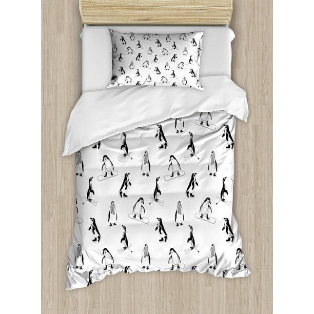 Kids Duvet Cover Set Skiing Penguins On Snowboards Winter Sports