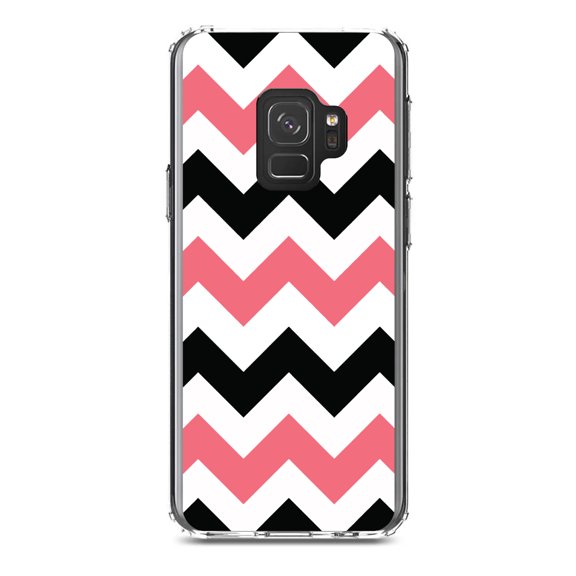 DistinctInk Clear Shockproof Hybrid Case for Samsung Galaxy S9 (5.8" Screen) - TPU Bumper, Acrylic Back, Tempered Glass Screen Protector - Black Pink Stripes - Stripes Pattern