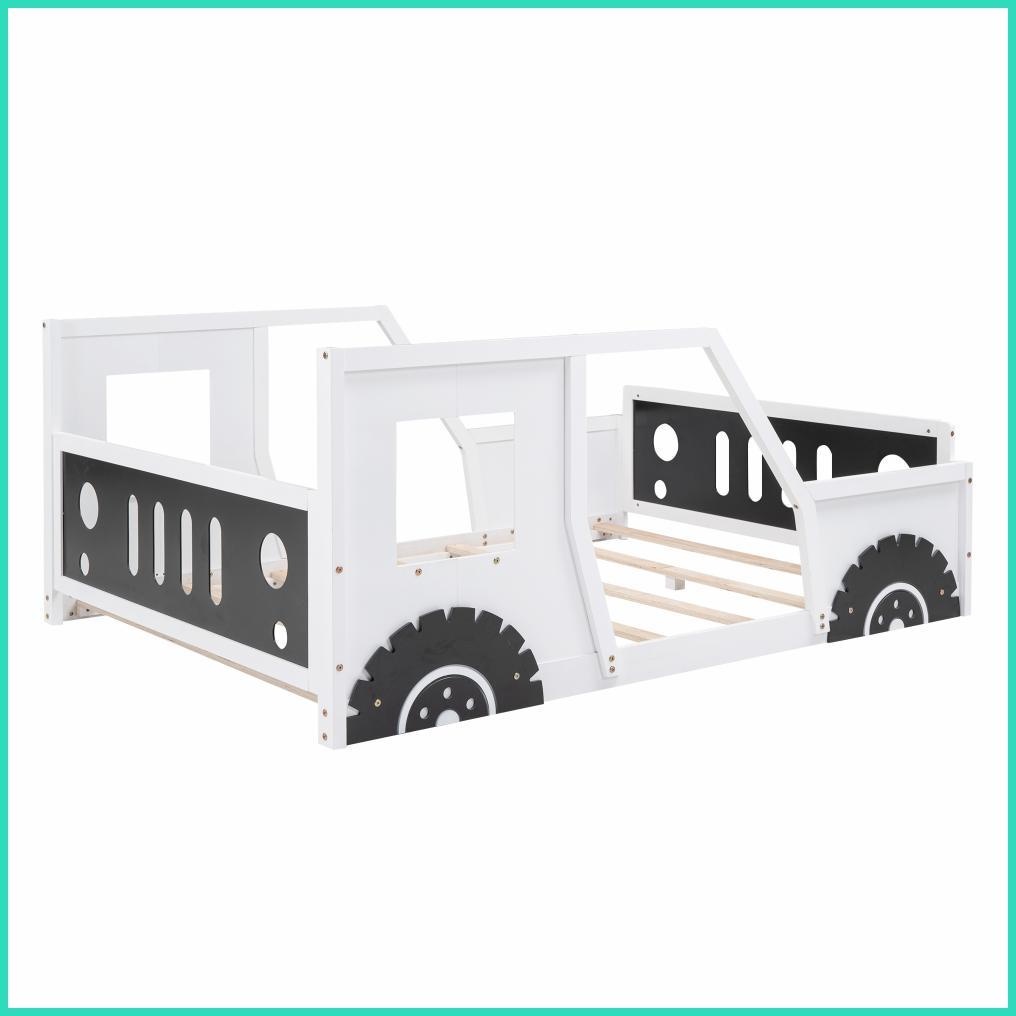 Full Size Pine Wood & MDF Classic Car Platform Bed with Wheels, White for Any Bedroom