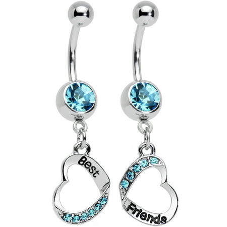 Body Candy Stainless Steel Baby Blue Accent Best and Friends Matching Heart Dangle Belly Ring (Matching Best Friend Belly Rings)