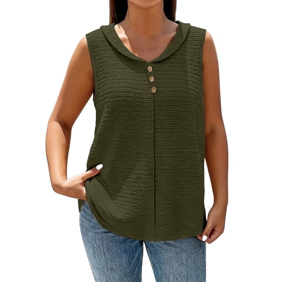 Gsakboxl Summer Tops for Women Women's Bubble Wrinkled Textured Fabric V Neck Tank Top Button Decor Loose Sleeveless Casual Vest L