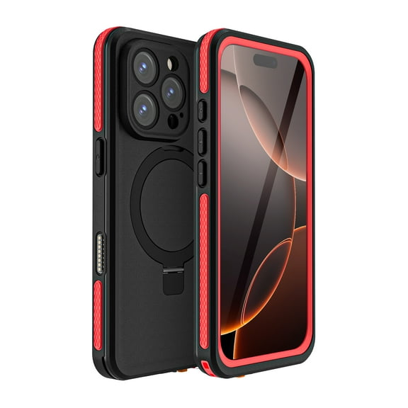 for iPhone 16 Pro Case Waterproof, Built in Screen Protector Dropproof Dustproof Shockproof Full Body Protective Rugged Compatible with Magsafe Ring Kickstand Heavy Duty Phone Case, Red