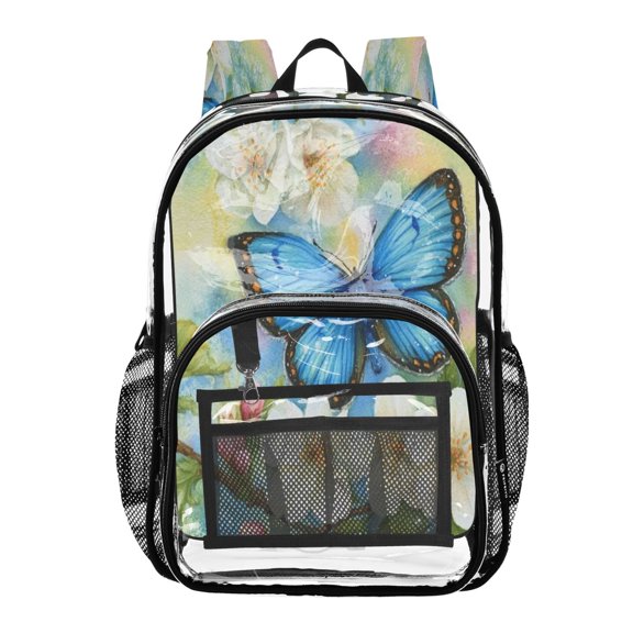 PVC Transparent Backpacks Clear Backpack for Travel and Outings Blue Butterfly and White Flowers