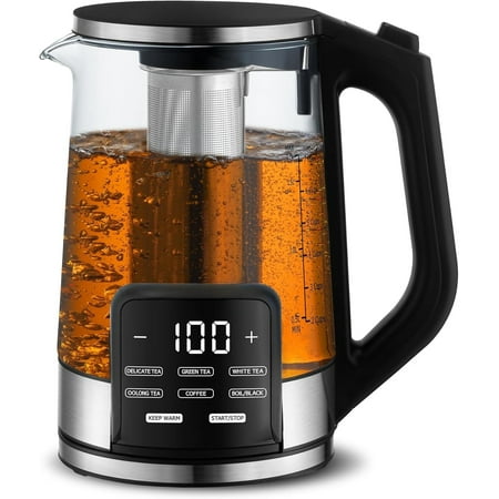 Black Programmable Electric Kettle – 1.7L Glass, Temp Control, 6 Presets, Keep Warm & Stainless Infuser