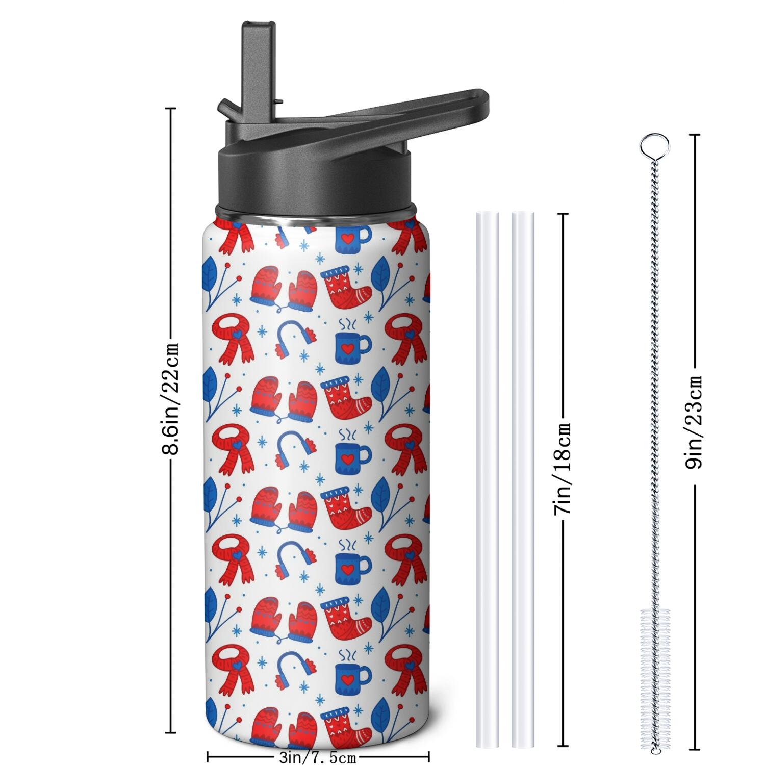 Christmas 18 oz Insulated Stainless Steel Water Bottle with Straw & Cleaning Brush , Leakproof, BPA-Free, 304 Stainless Steel, Wide Mouth, Travel Mug for Car, Gym, Office