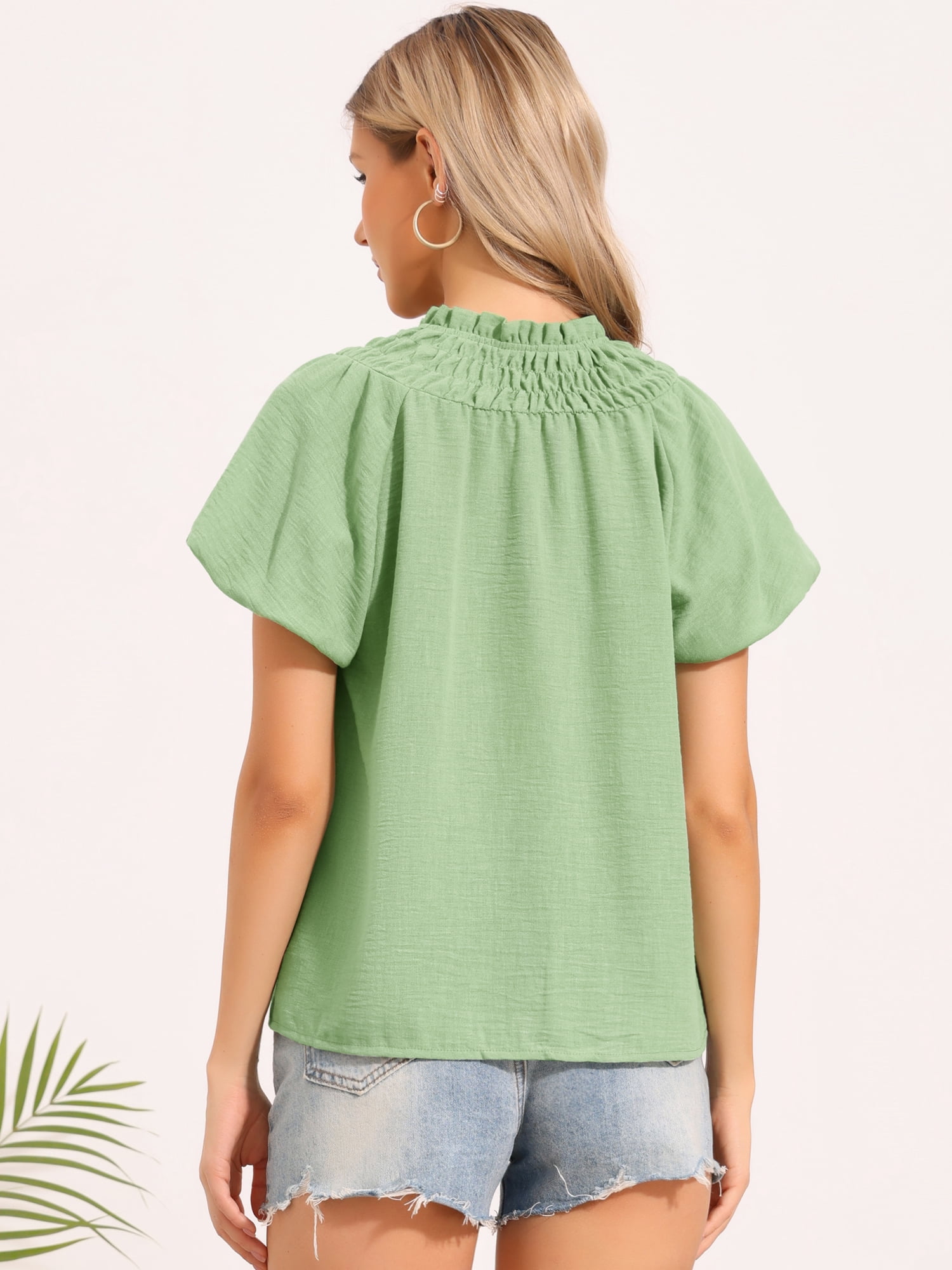 DARING DIVA Women's Puff Sleeve Tops  Ruched Button Down Shirts M Light Green