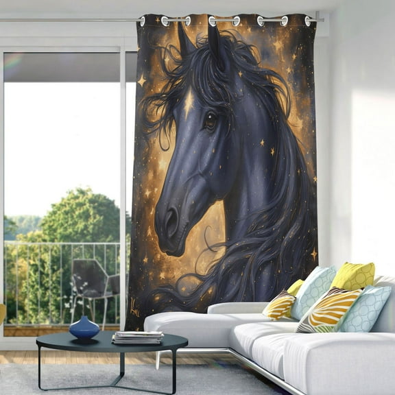 Blackout Curtains Window Curtain for Bedroom Living Room 1 Panel 82"x42" Black Horse with Stars