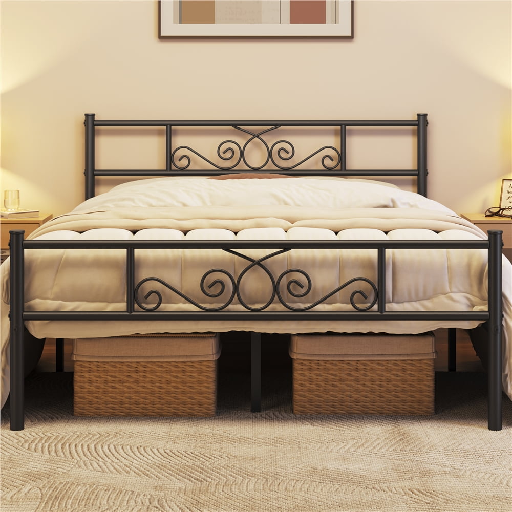 Fullfurnique Metal Platform Bed Frame with Scroll Headboard and Footboard, Queen, Black
