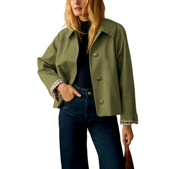 WTOBBY Women's Oversized Checkered Jacket, Cropped Trench Coat Style, Classic Collar Casual Outerwear, Lightweight Street Fashion, Versatile Layering Piece,Army Green L
