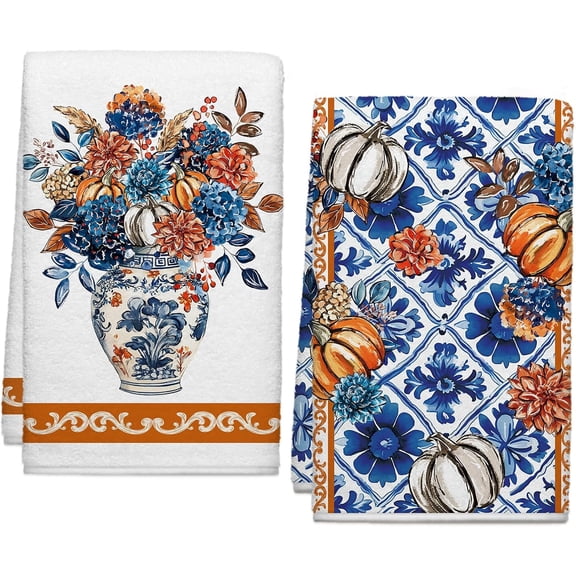 Fall Floral Pumpkin Kitchen Towels, Farmhouse Autumn Dish Towels Set of 2, Blue and White Chinoiserie 18 x 26 Inch Hand Towel Quick Drying Dishcloth Decor for Kitchen Bathroom Home