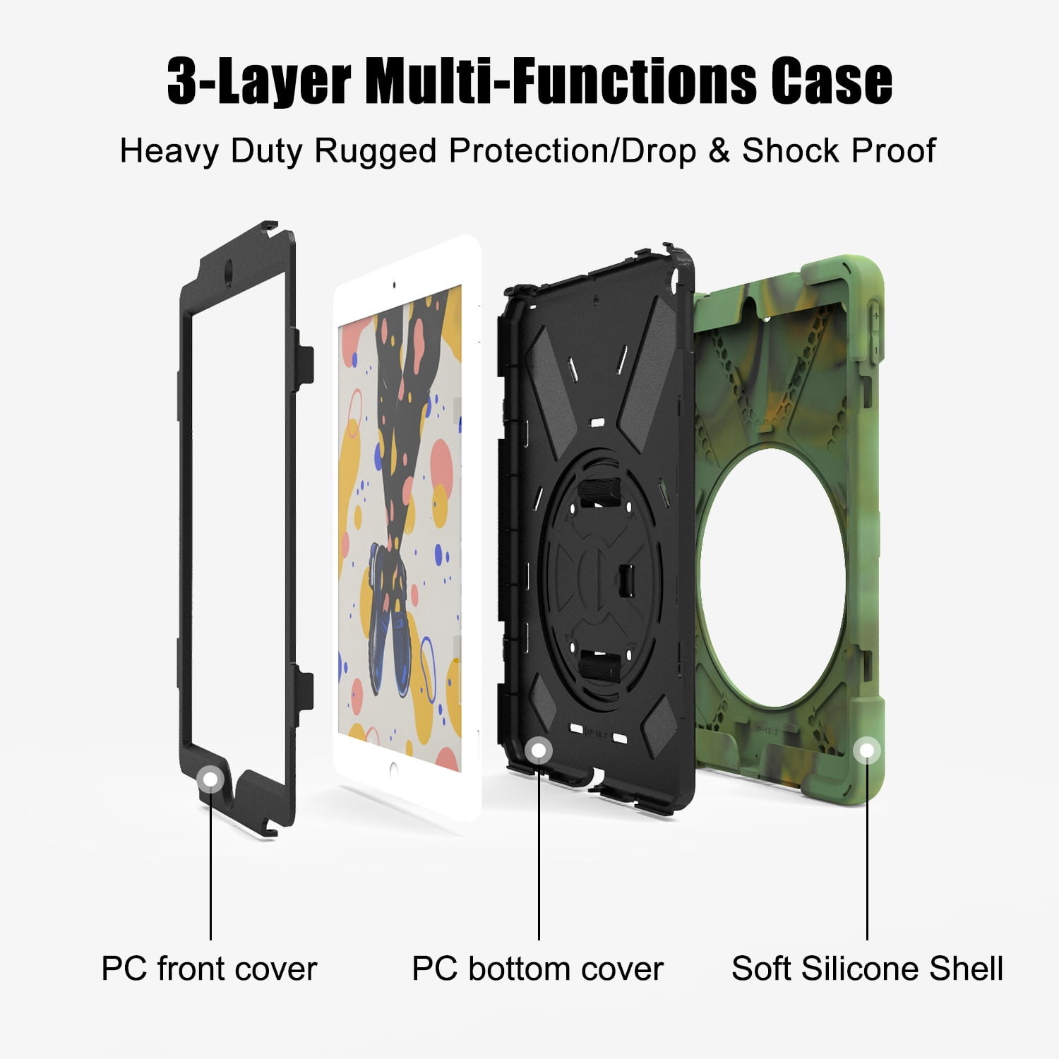 KIQ iPad 8th 7th Generation Case 10.2 inch 2019/2020, Shockproof Rugged Military Grade Case for Apple iPad 10.2 7th/8th Gen [Camouflage]