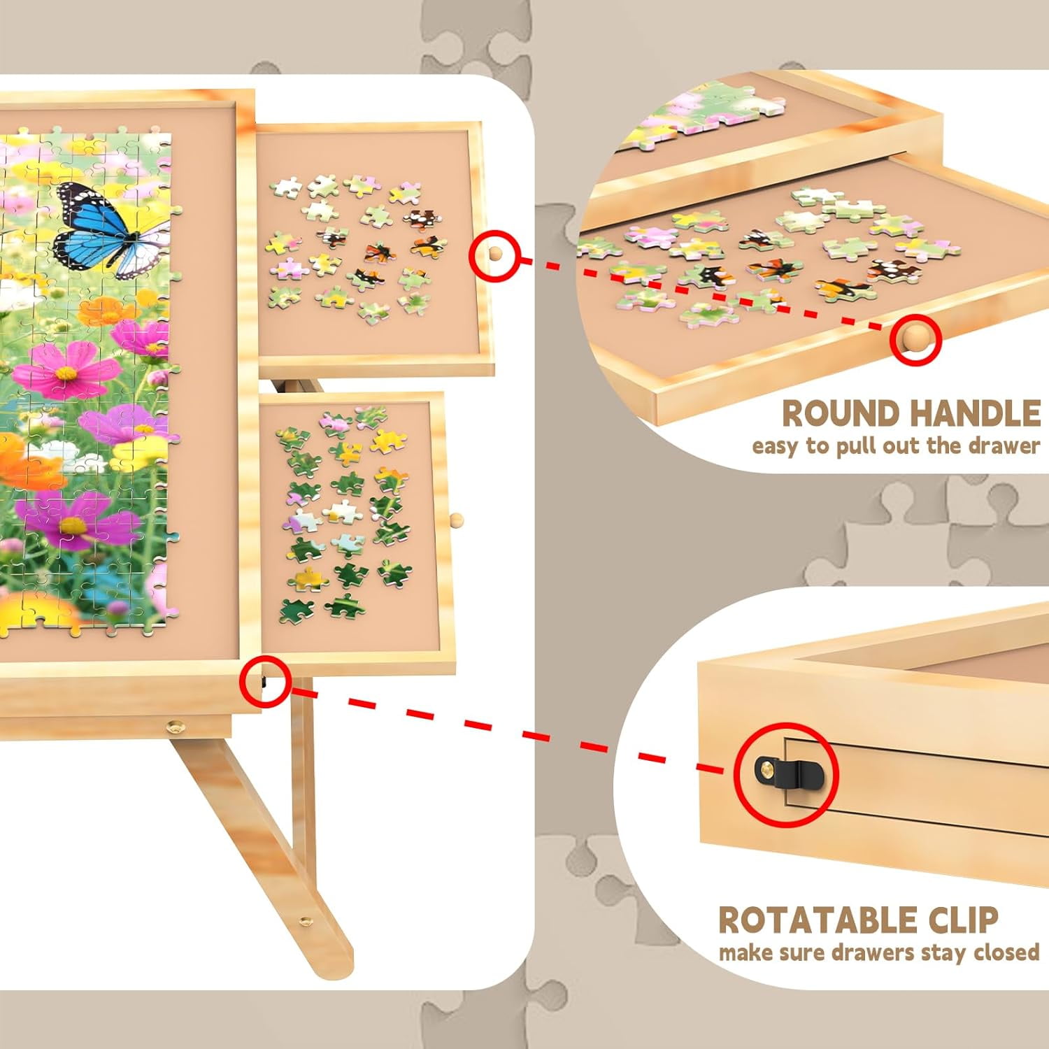 1000 Pieces Puzzle Table, Portable Jigsaw Puzzle Board for Adults with 4 Drawers and Cover, Natural