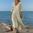 thumbnail image 2 of SMihono Linen Dresses for Women Flowy V Neck Short Sleeve 2025 Maxi Dress Lightweight Summer Beach Vacation Clothes Beige L, 2 of 6