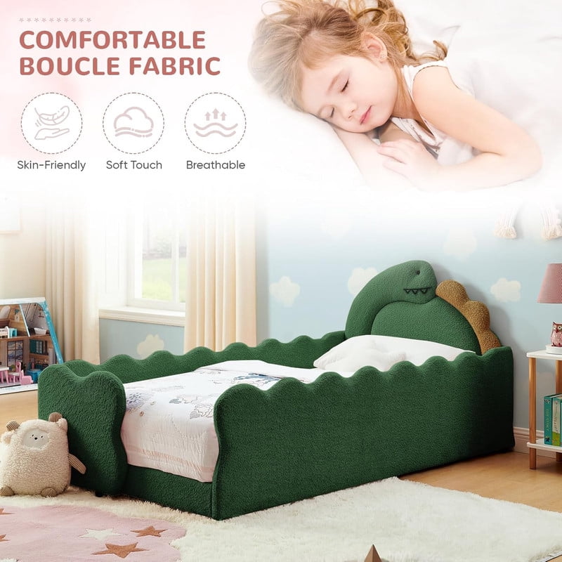 Twin Size Upholstered Platform Bed with Dinosaur Shaped Headboard, Boucle Fabric Kids Bed with Slats Support, Space-Saving Daybed for Girl, Boy, Teenager