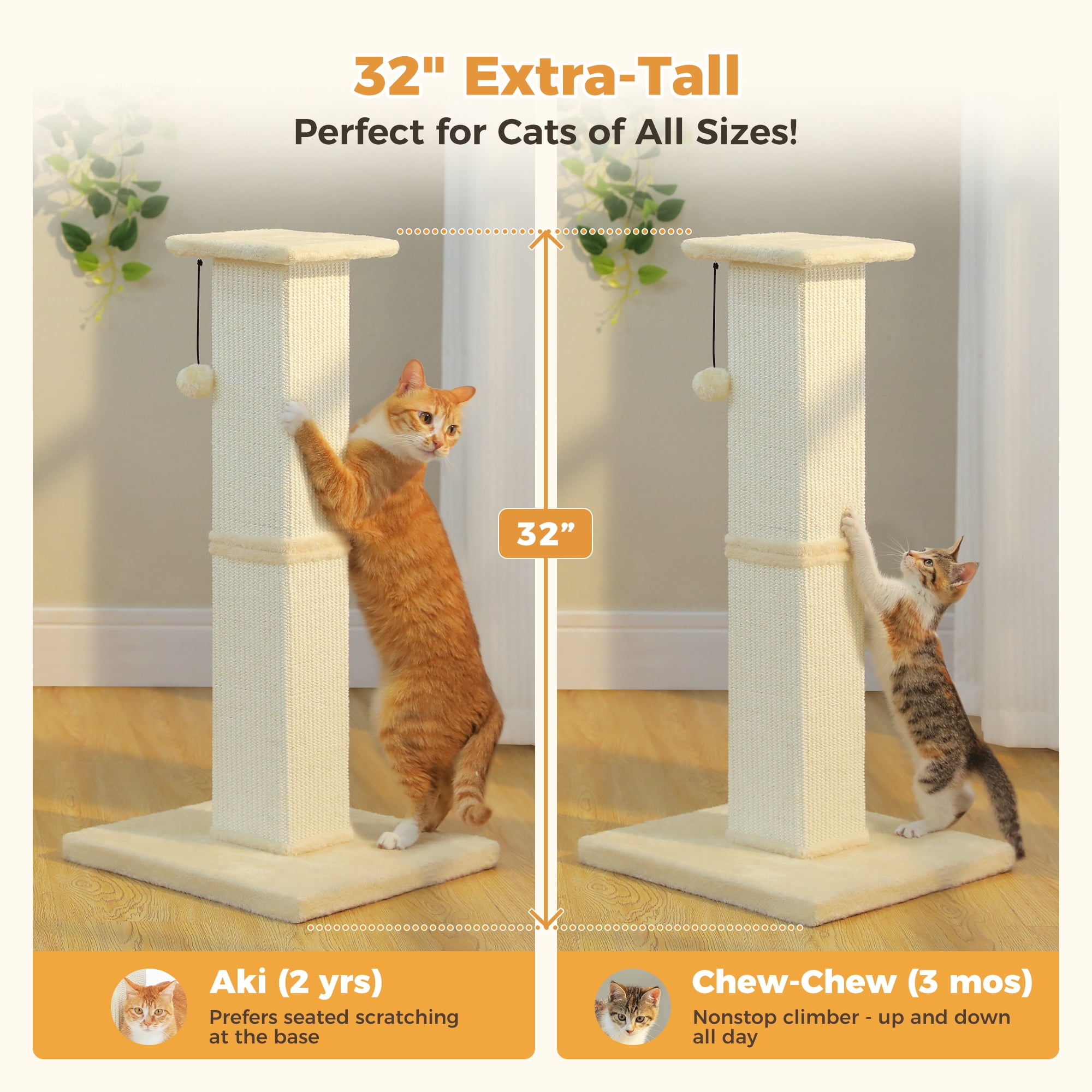 PAWZ Road 32" Tall Sisal Cat Scratching Post for Indoor Cats - Durable Cat Scratcher with Wide Base, Beige