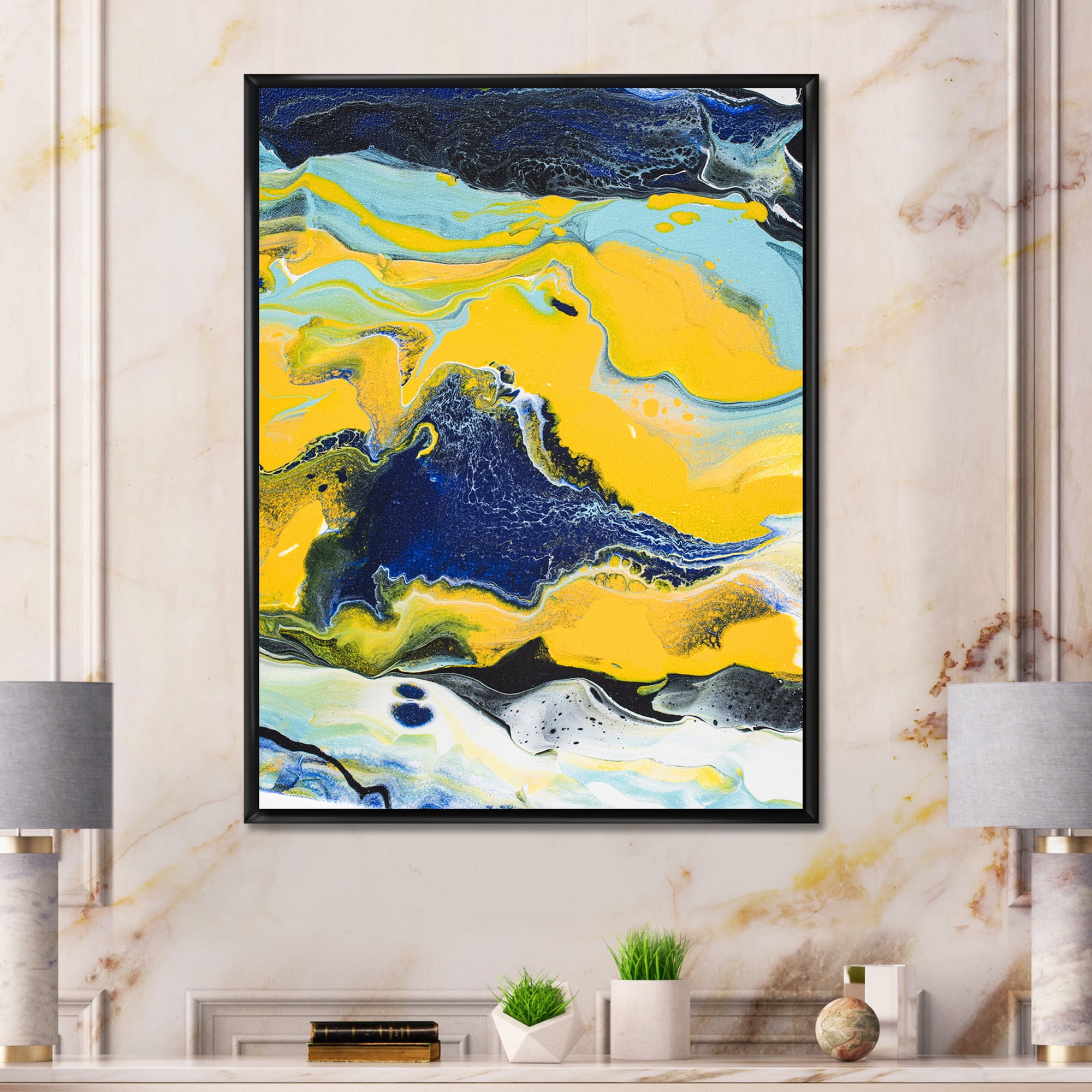 Designart 'Abstract Marble Composition In Blue and Yellow I' Modern Framed Canvas Wall Art Print