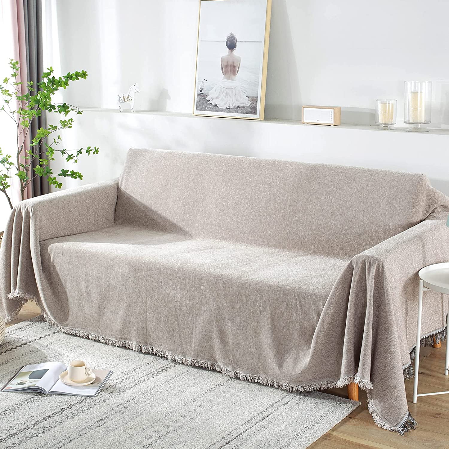 nipocaio Sofa throw blanket throw seamless with tassels 180 x 300 cm khaki Walmart