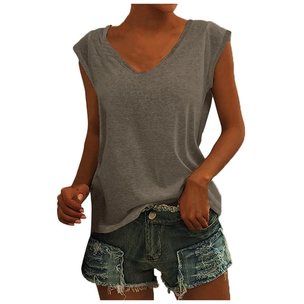 Camiseta con cuello en V para mujer, chaleco informal con manga casquillo, blusa holgada sólida, camisetas sin mangas, color marrón/S