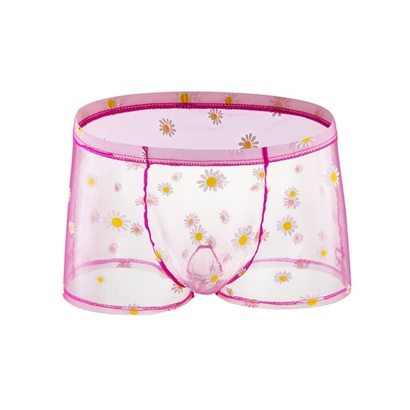 USNSM Mens See-through Daisy Boxer Briefs Underwear Ice Silk Printed Breathable Low Waist Lingerie Pink L