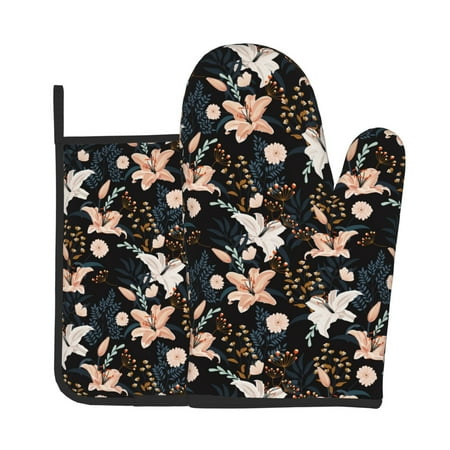 

Tebeau Lilies Flowers Print Oven Mitts and Pan Racks 2-Piece Set Kitchen Oven Mitts and Pan Racks Heat Resistant 500 °F for Baking and Cooking