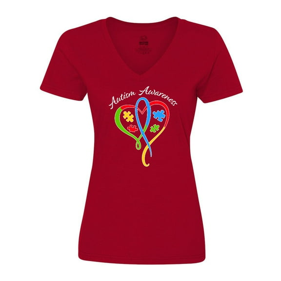 Inktastic Autism Awareness Heart Ribbon and Puzzle Pieces Women's V-Neck T-Shirt