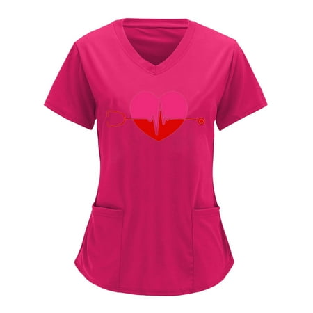 

CZHJS Women s Short Sleeve Scrub_Tops with Pockets Clearance V Neck Spring Tops Working Uniform Tunic to Wear with Leggings Summer Vintage Shirts Ladies Love Heart Graphic Hot Pink XXL