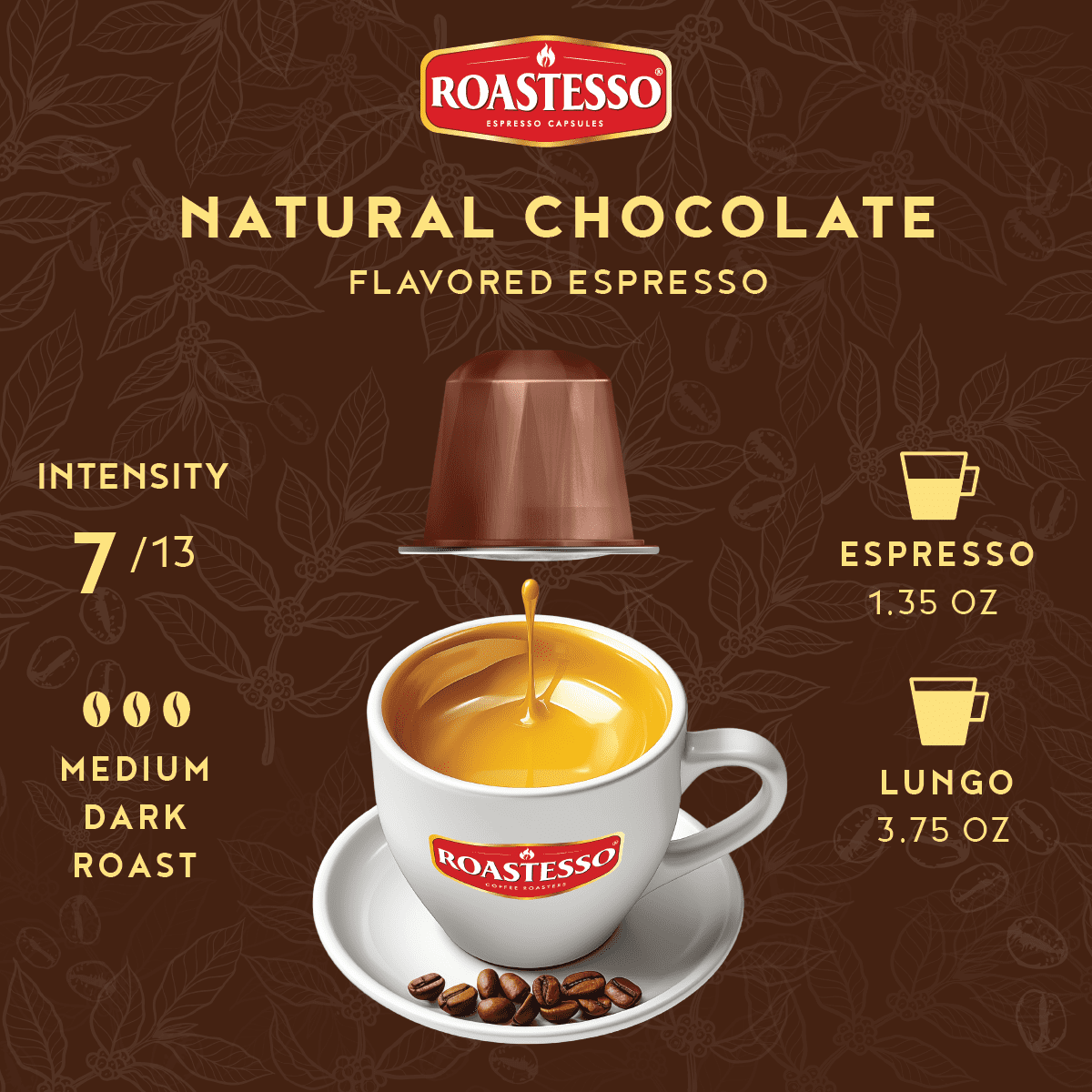 Roastesso Coffee Natural Chocolate Flavored Nespresso Capsules Compatible OriginalLine Espresso Pods, Intensity 7 (40 Count)