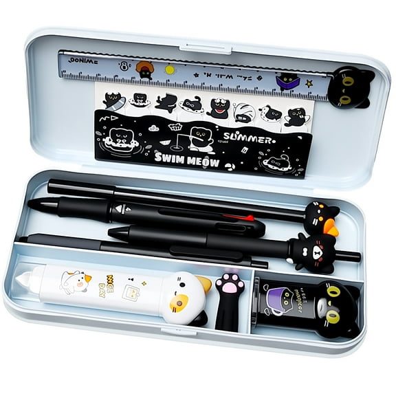 10Pcs Cute Black Cat Stationery Set Kawaii Japanese Stationery Birthday GIFS Including Pens Pencil Sharpener Highlighter Eraser Correction Tape Ruler for Office Supplies