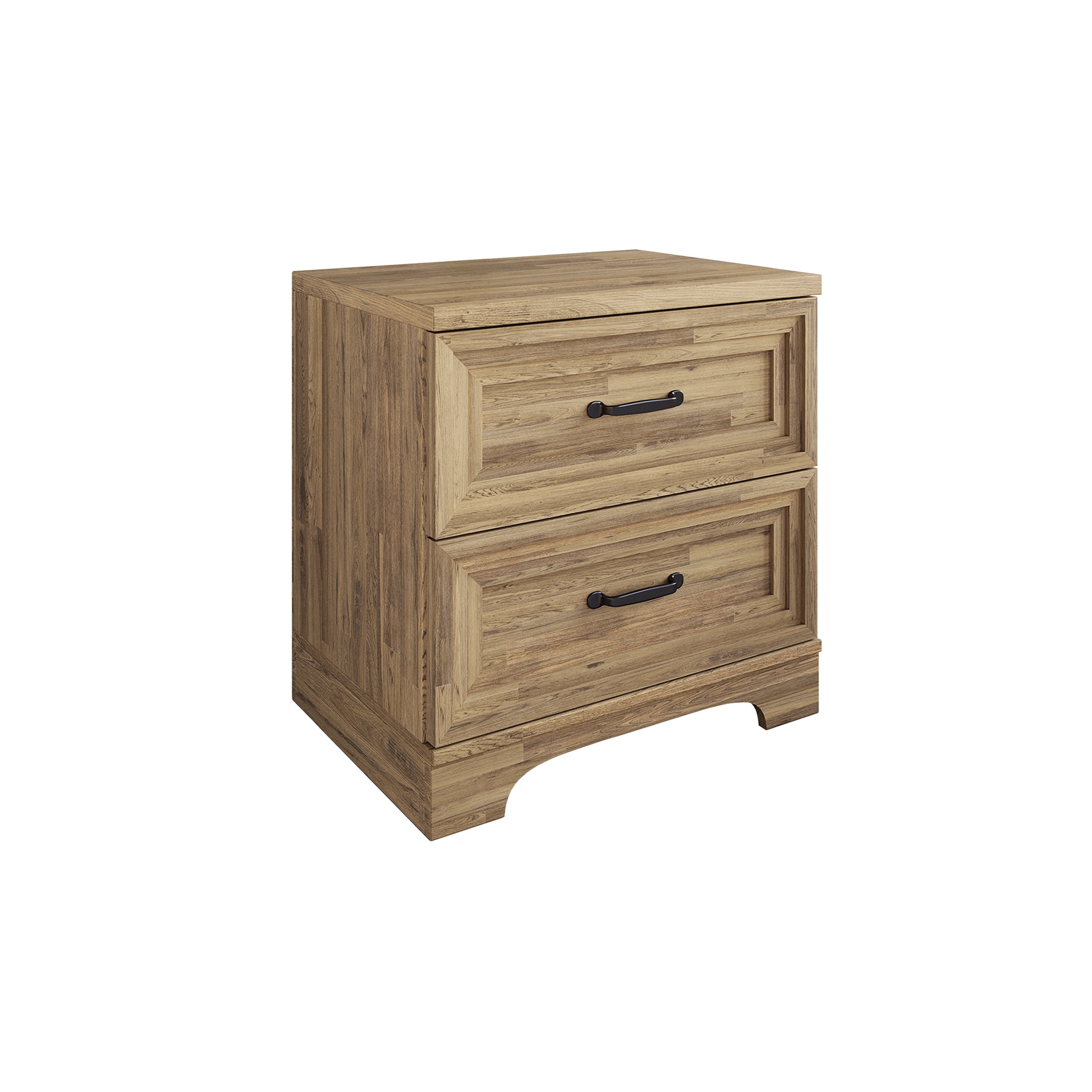 Castle Place Traditional 2 Drawer Wooden Nightstand, Brown Oak